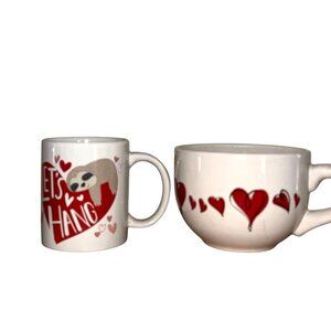 "Lets Hang" Heart Mug & Bowl Set With Sloth Design - Red & White Ceramic